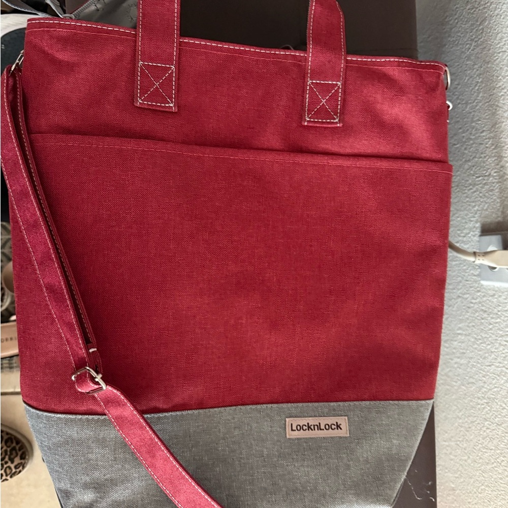 LocknLock Red and Gray insulated tote bag.